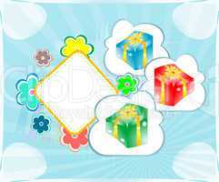 seamless pattern with gift boxes, empty frame and cute flowers