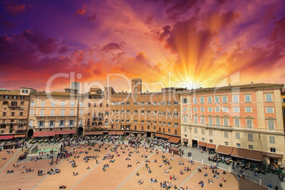 Wonderful aerial view of Piazza del Campo, Siena on a beautiful