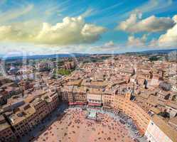 Wonderful aerial view of Piazza del Campo, Siena on a beautiful