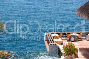 Open-air restaurant with a view on Atlantic Ocean, Tenerife isla