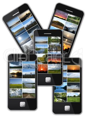 modern mobile phone with many photo of landscapes