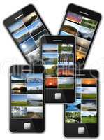 modern mobile phone with many photo of landscapes