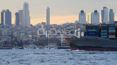 Container ship sails past the city skyline