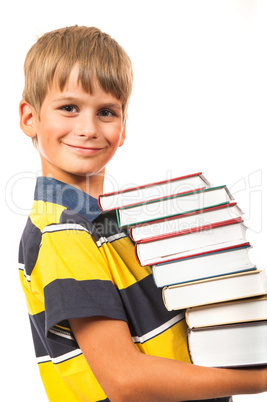 School boy is holding books