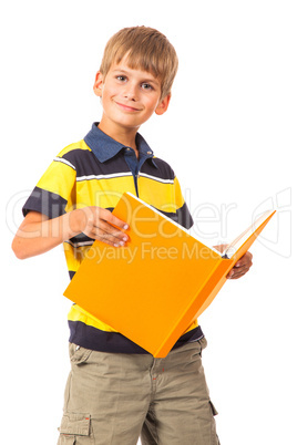 School boy is holding a book