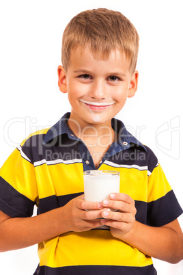 ?ute boy is drinking milk on  white