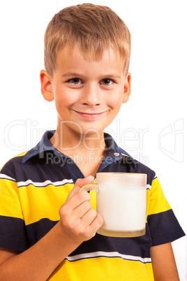 ?ute boy is drinking milk on  white