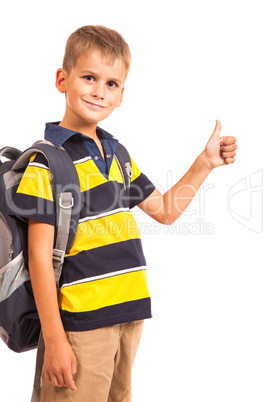 Schoolboy sitting on books