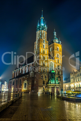 Poland, Krakow. Market Square at night.