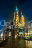 Poland, Krakow. Market Square at night.