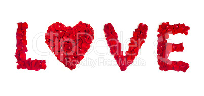 Love of rose petals isolated on white