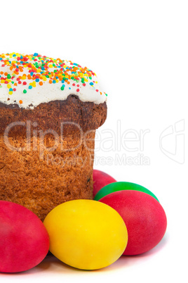 easter bread and eggs colored beautiful on white background