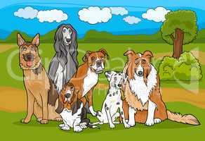 cute purebred dogs group cartoon illustration