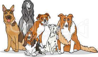 cute purebred dogs group cartoon illustration