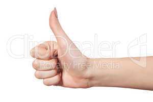 Female hand showing thumbs up sign isolated on white