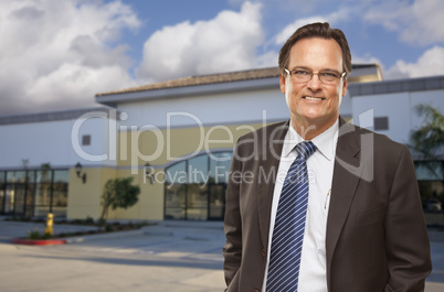 Businessman In Front of Vacant Office Building.