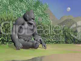 Gorilla thinking next to water - 3D render