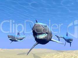 Sharks underwater - 3D render