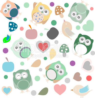 Bright background with owls, leafs, mushrooms and flowers
