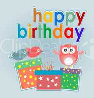 birthday party card with cute owl, birds and gift boxes - happy birthday