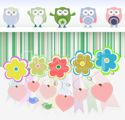 sweet owls, flowers, love hearts and cute birds