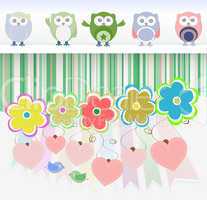 sweet owls, flowers, love hearts and cute birds