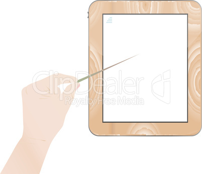 Hand point on digital tablet pc wood mount isolated on white