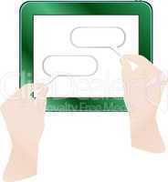 hands are holding and point tablet pc with cloudscape on screen