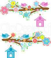 Cards with couples of birds sitting on branches and birdhouses