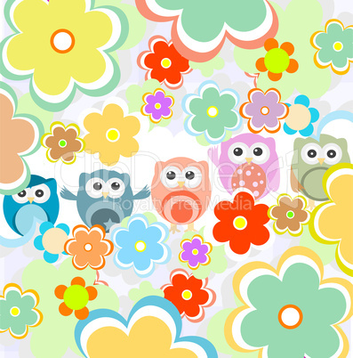 Background with flowers and cute owls