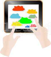 Cloud computing concept. Finger touching cloud on a touch screen