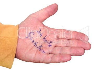 Hand of a dementia with his name