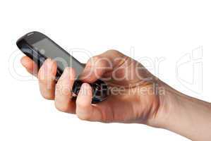 hand holds a mobile phone