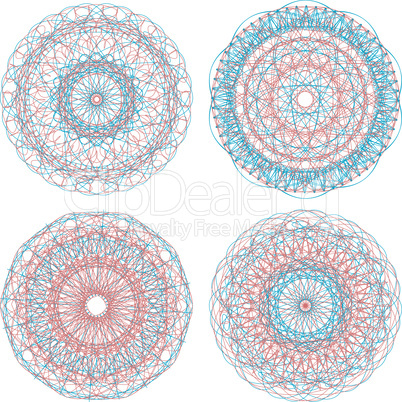 Ornamental round floral pattern. Set of four colorful ornament