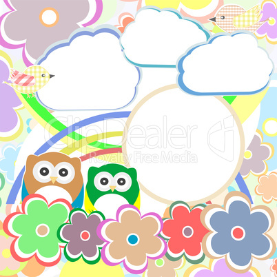 Background with owl, flowers and clouds