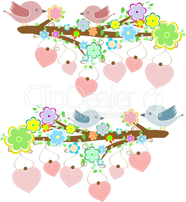 Cards with couples of birds sitting on branches with hanging hearts