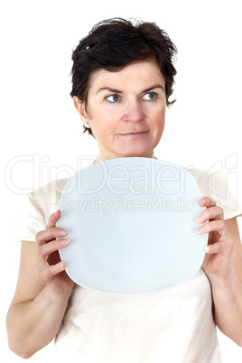 Woman with blank plate in his hand