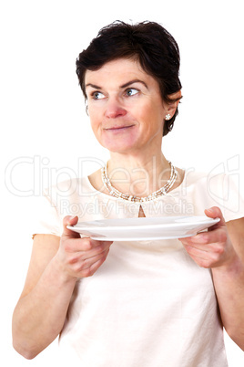 Woman with blank plate in his hand