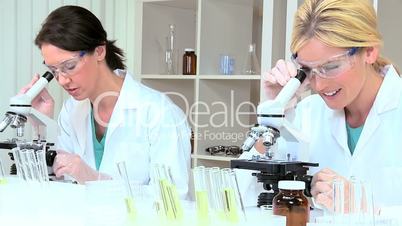Female Medical Researchers Using Microscopes
