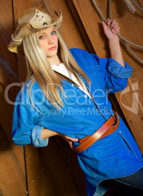 Teen Blond Model with Denim Shirt and Cowboy Hat