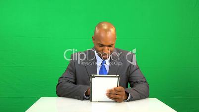 Ethnic Businessman Wireless Tablet Green Screen Success