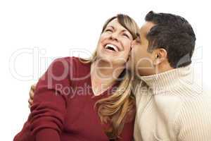 Attractive Mixed Race Couple Kissing on White