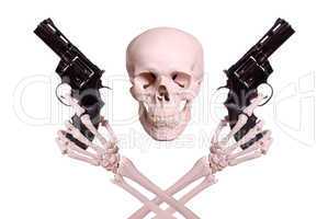 skull with two skeleton hands holding guns