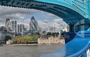 London Modern Buildings framed by Tower Bridge metal structure