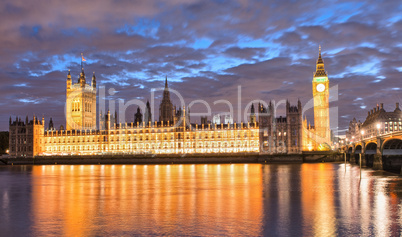 London, UK. Beautiful sunset colors shining on Westminster Palac