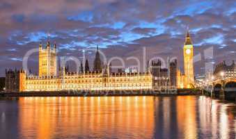 London, UK. Beautiful sunset colors shining on Westminster Palac