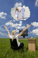 Businesswoman Daydreaming at Desk in Green Field