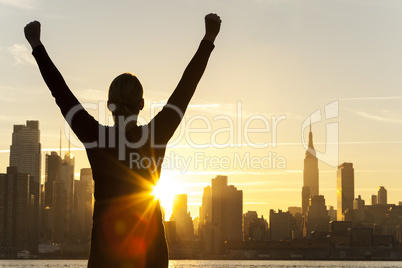 Successful Woman Sunrise New York City Skyline