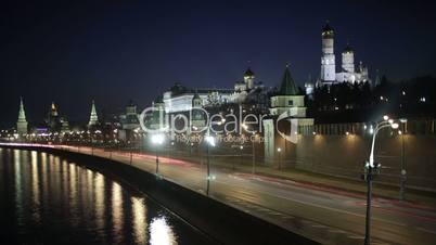 Quay near the Moscow Kremlin. Night time lapse with motion blur.