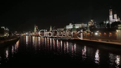Quay near the Moscow Kremlin at night. Real time shot. Time lapse is also available.